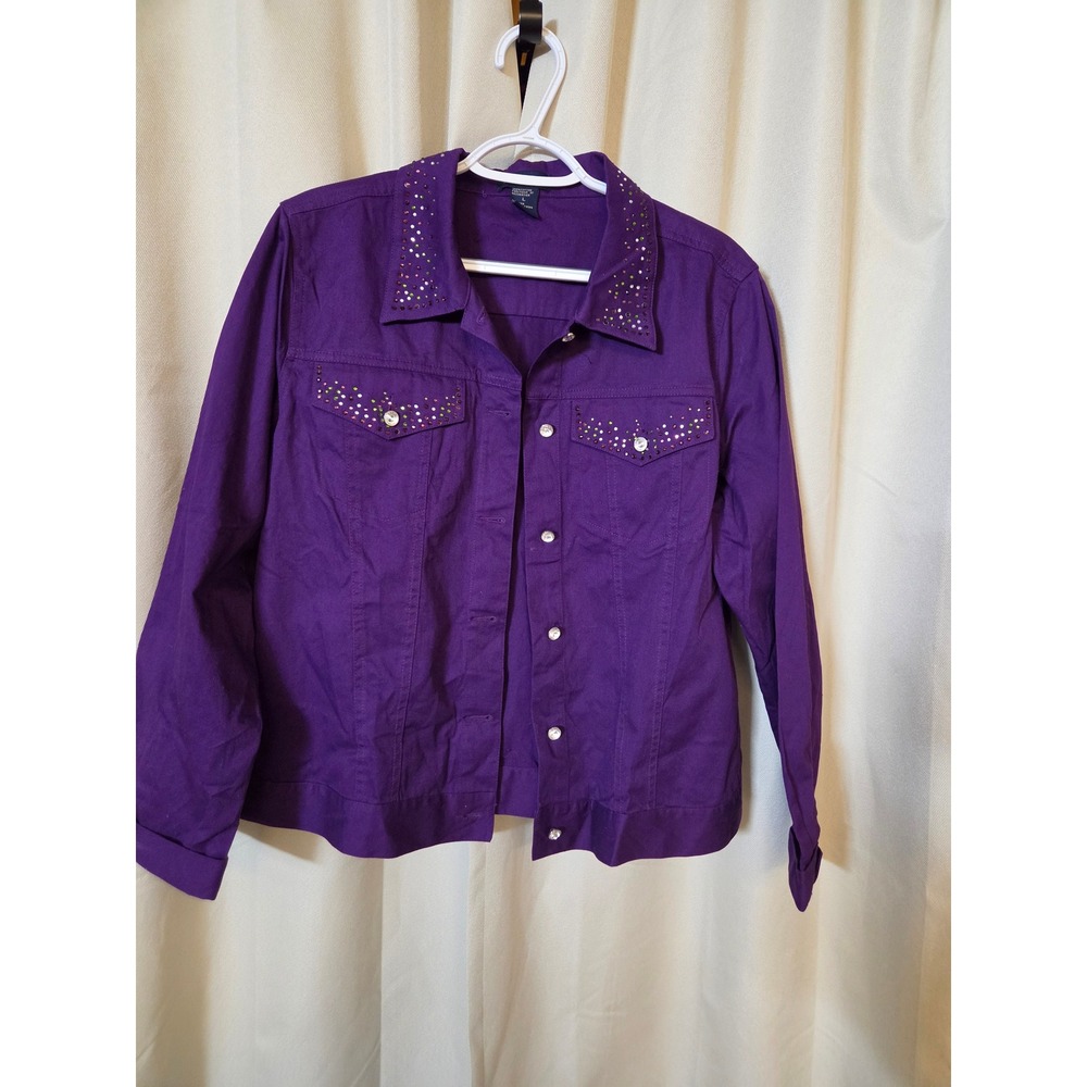 SML Sport Purple Denim Jacket Women Large Rhinestone Embellished Button Up